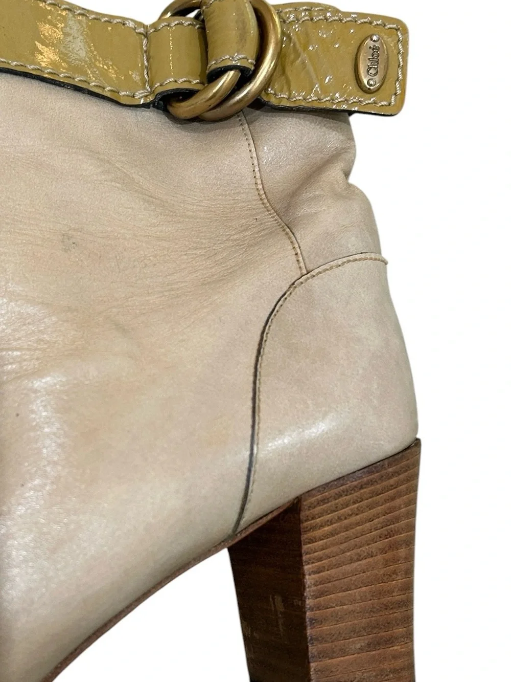 Chloe Beige Leather Ankle Boots with Olive Strap & Gold Buckle Italy size EU 39